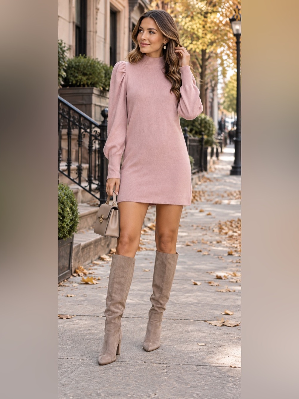 WAYF Pink Lolo Puff Sleeves Sweater Dress S